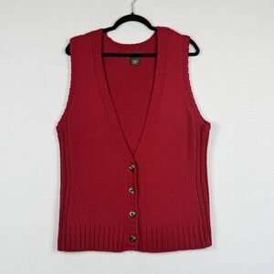 Eddie Bauer Womens XL Cardigan Vest‎ Red Chunky Knit Grandmacore Cabin Comfy